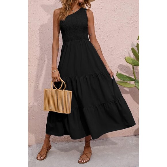 Summer One Shoulder Dress Women Smocked Floral Flowing Empire Waist Casual - Picture 4 of 5